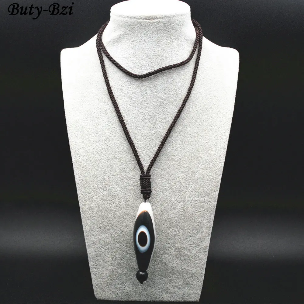 

Tibetan Black DZI Long Tube Barrel Stone Pendant Chinese Knot Necklace Lucky Jewelry Protective Talisman Heaven's Pearl