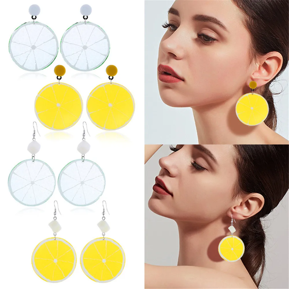 

CRLEY 2019 New Harajuku Style Cute Lemon Drop Earrings for Women Girl Sweet Round Lemon Slice Fruit Jewelry Long Earrings