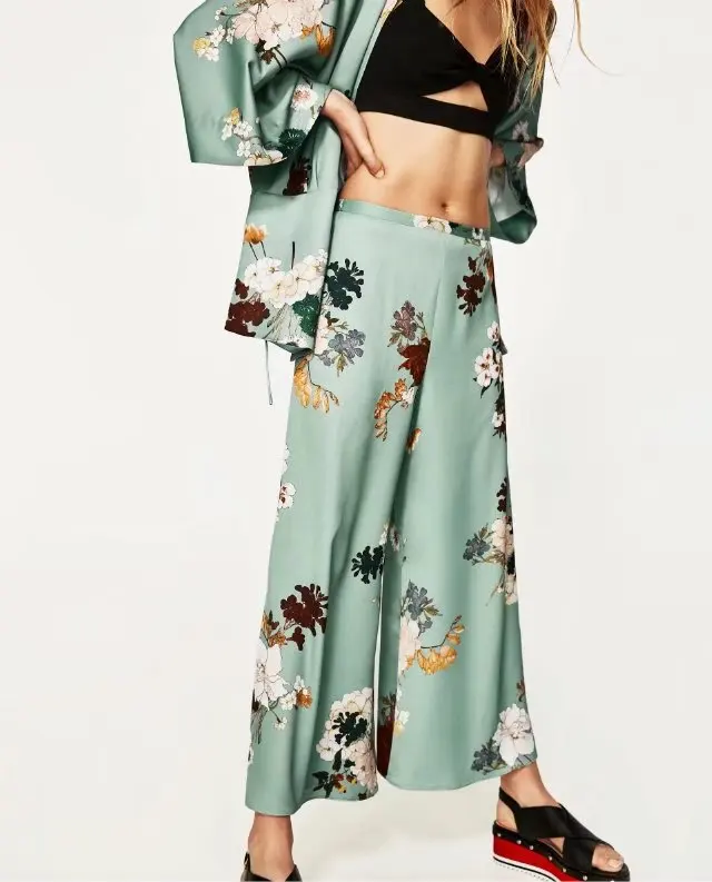 

pants 2019 spring and summer new European stand green bottom wide leg pants ladies print pants