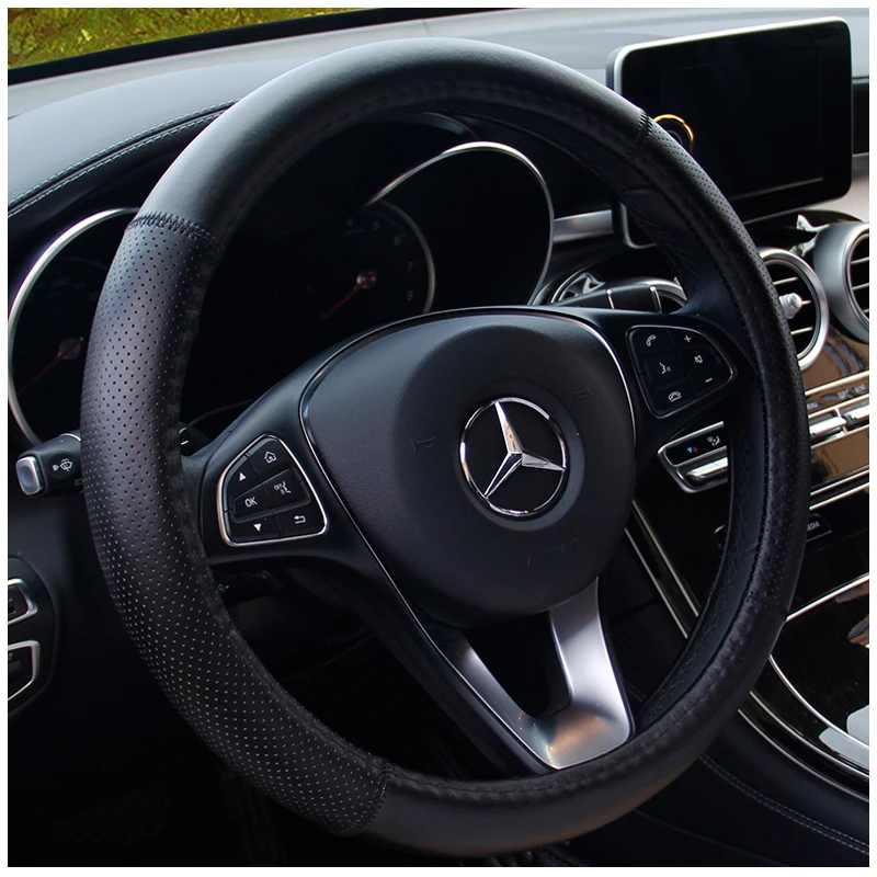 

KKYSYELVA Car Interior Accessories Black Auto Sports Steering Wheel Cover Leather 38cm Vehicle Truch Steering Covers