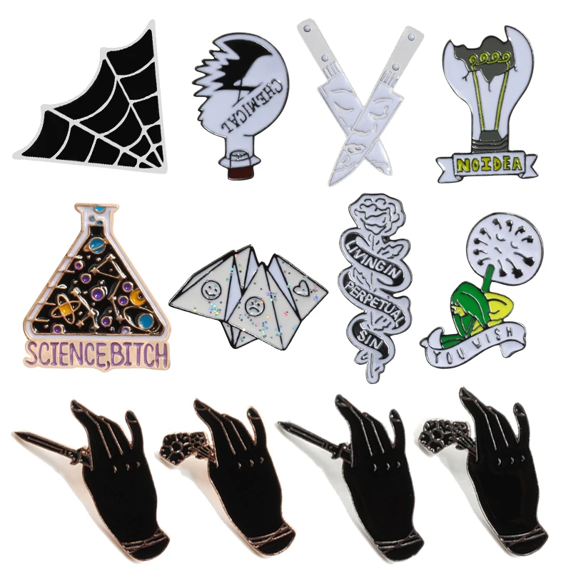 

Science Rude Words Black Hand Origami Spider Web Rose Dagger Brooches For Men Badge Punk Creative Enamel Pins Brooch Accessories