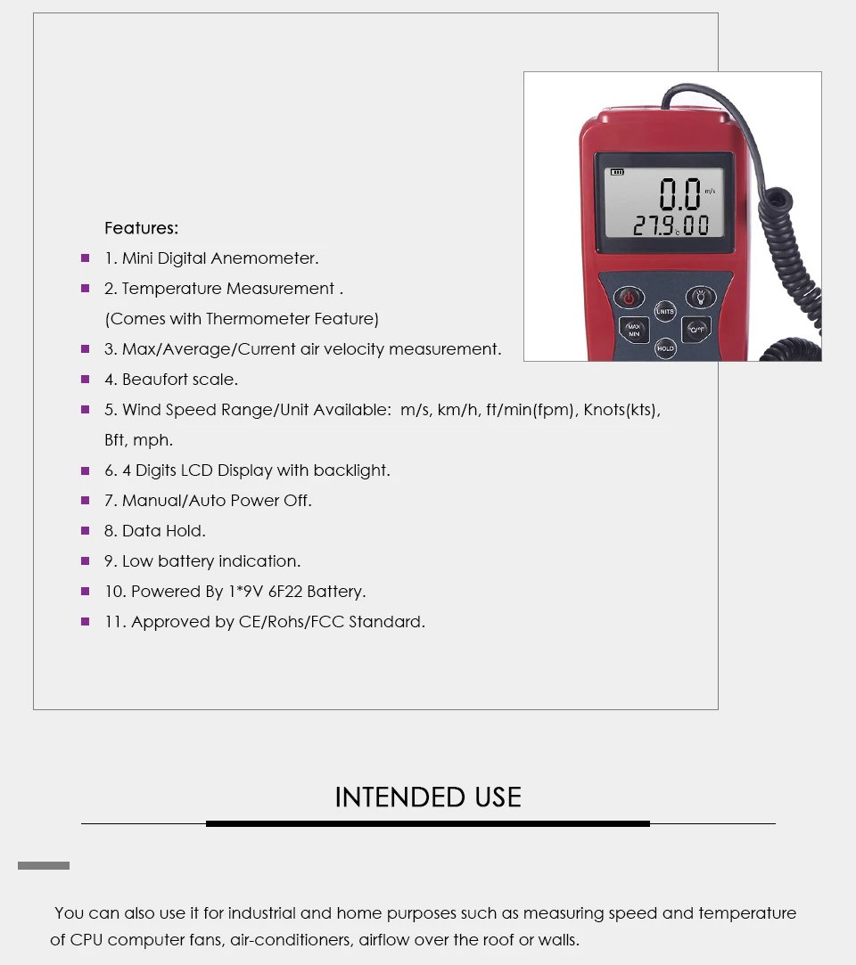 Nicetymeter AM831 ЖК Ручной цифровой анемометр измеритель скорости ветра и измерения температуры с лопастным датчиком подсветка
