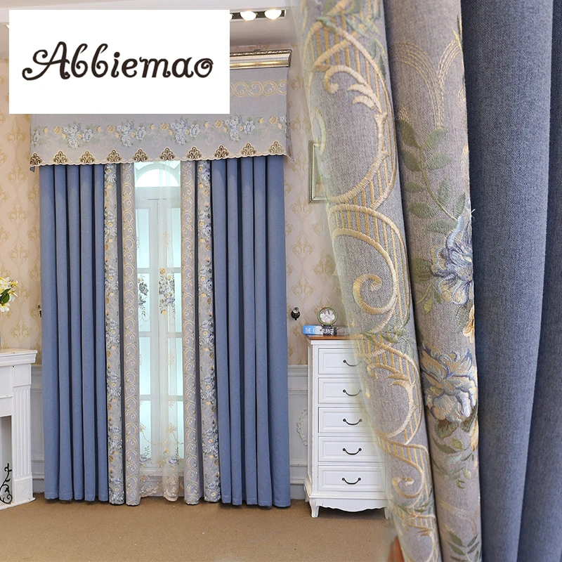 

Abbiemao Simple European Style Blue Gray Splice Curtain Floral Embroidered Curtain And Tulle For Living Room Bedroom High Shade