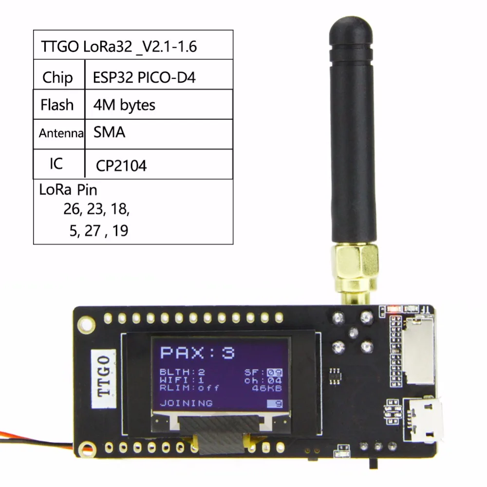 TTGO ESP32-Paxcounter LoRa32 V2.1 1,6 версия 433/868/915 МГц LoRa ESP-32 OLED 0,96 дюймовая SD карта Bluetooth WI-FI модуль SMA