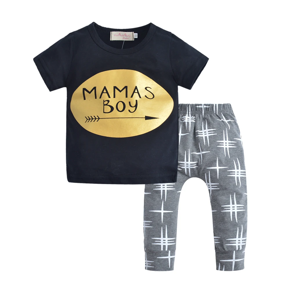 Коллекция года, летние комплекты одежды для маленьких мальчиков из 2 предметов, комплекты одежды для новорожденных хлопковые Модные топы+ штаны, комплект одежды с принтом «Mamas Boy»