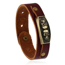 2017 New design fashion Brown 23cm Leather Bracelets cool skeleton skull bracelet personalised mens leather bracelet best gift