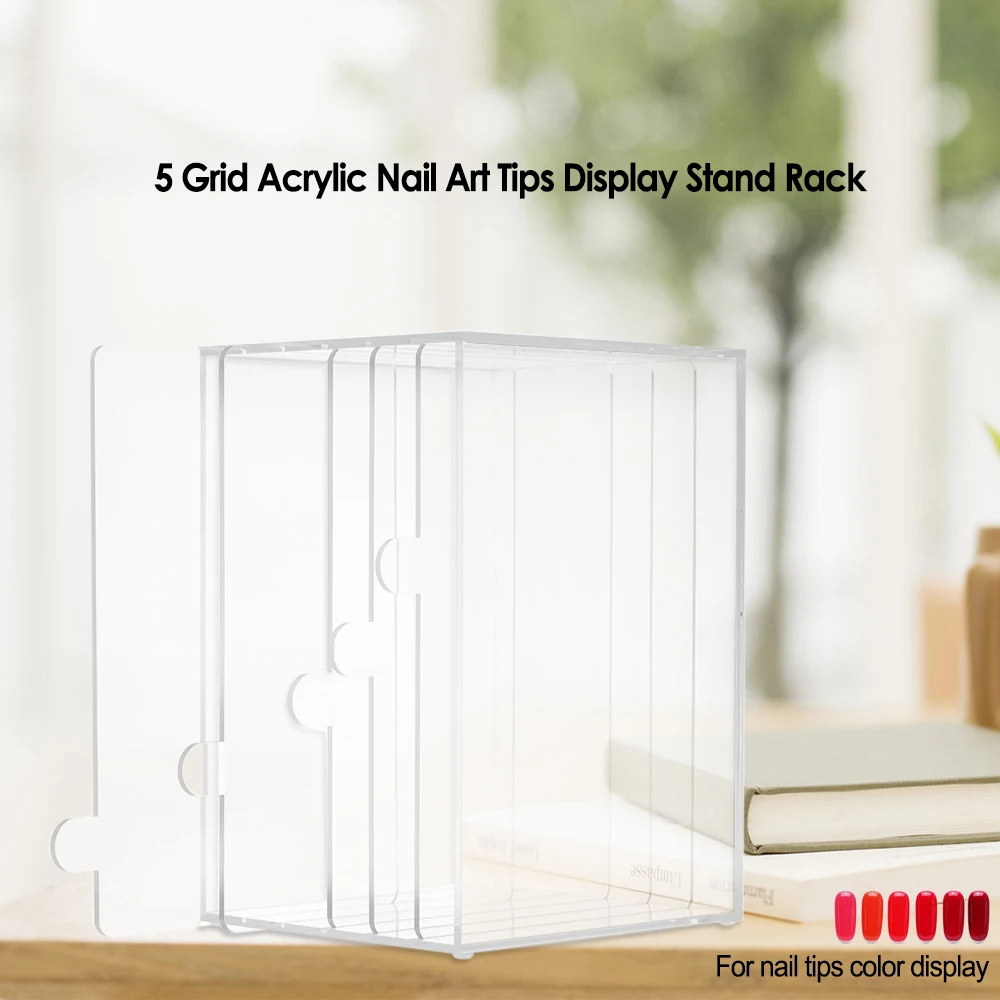 

Acrylic Nail Art Tips Display Stand Rack 5 Grid False Nail Show Panel Dust-proof Nail Art Desktop Storage Holder Manicure Tools