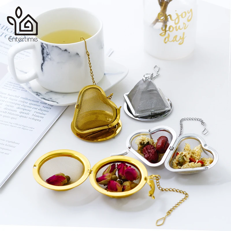 

Entertime Stainless steel tea strainer gold plated tea infuser tea ball mesh with chain and tray