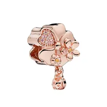 Бусины-ромашки из розового золота с дикими цветами, розовые эмалированные румяна, розовые кристаллы, DIY Fit PANDORA Подвески для женщин, ювелирные изделия RF005