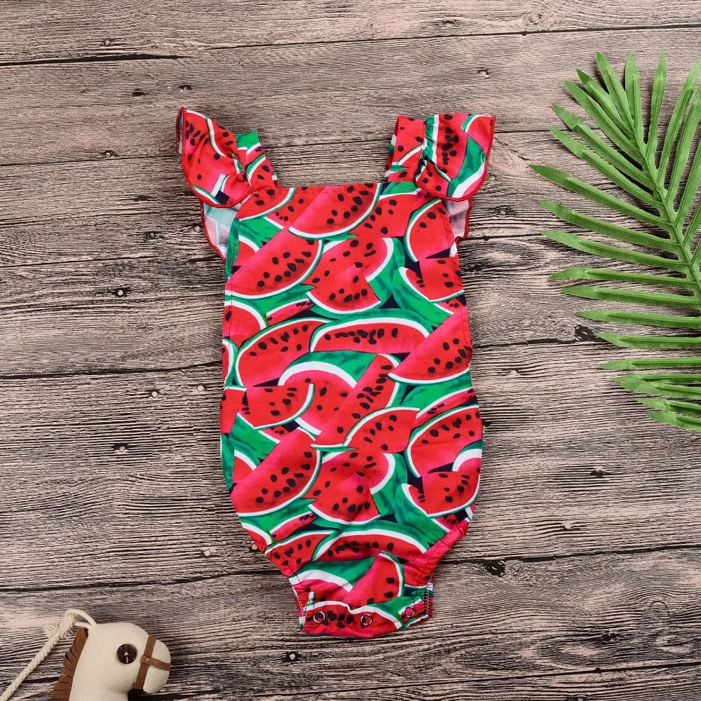 

2018 Hot Sale Lovely Watermelon Outfit Baby Bodysuit Girls Clothes Watermelon Pattern Flutter Sleeve Bodysuit Summer Beach New