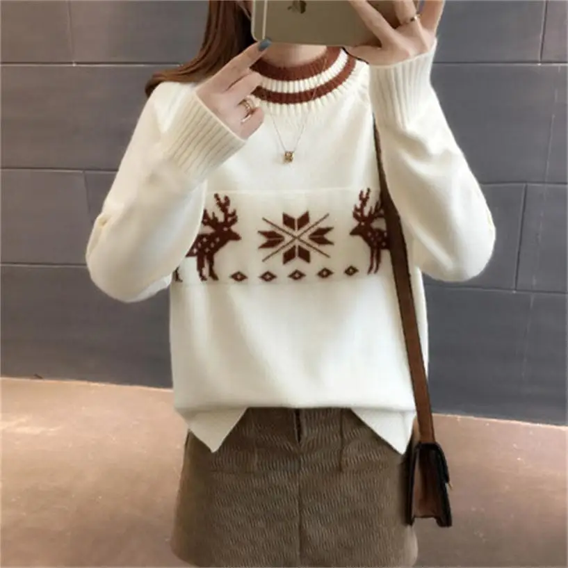 

Sweater women's hedging new autumn and winter embroidery stitching thread loose fawn half turtleneck sweater students sweater