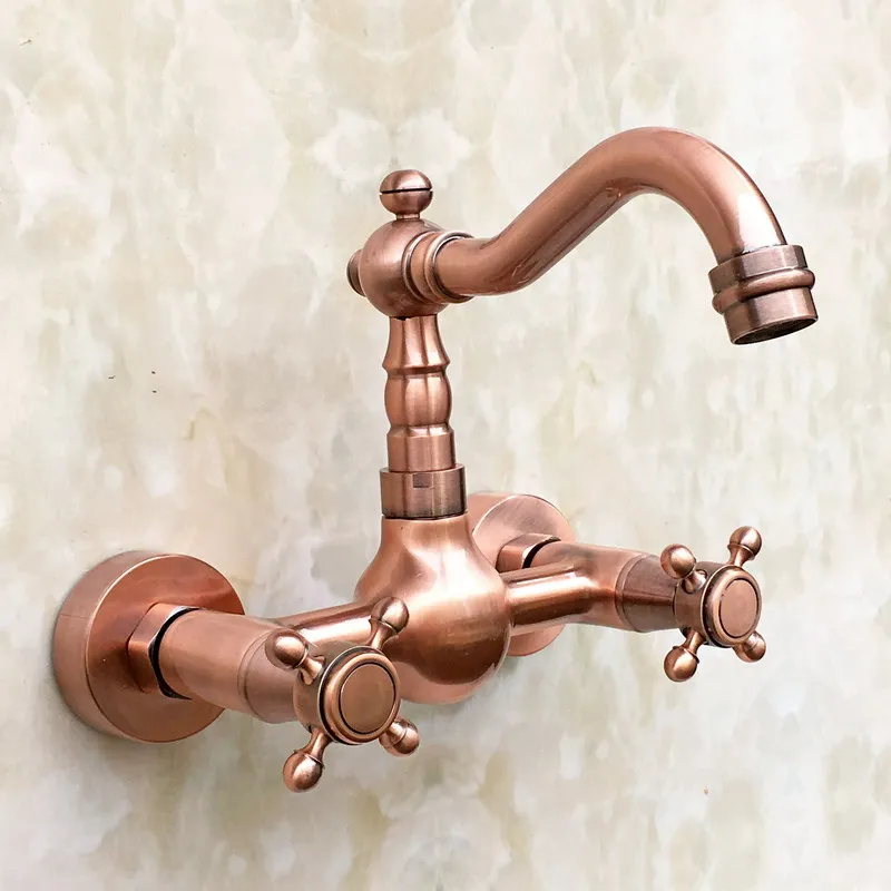 Antique Red Copper Two Cross handles Wall Mounted Kitchen Bathroom Vessel Sink Swivel Spout Faucet Water Tap arg030