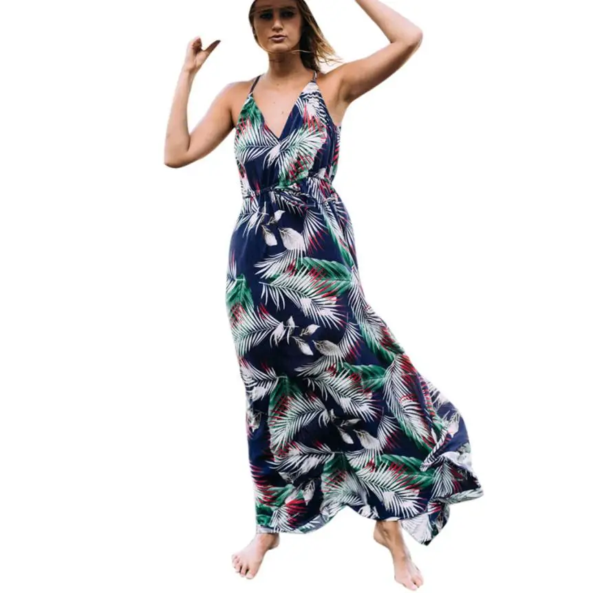 Модное женское сексуальное пляжное платье макси без рукавов с v-образным вырезом, летнее женское повседневное винтажное длинное платье с цветочным принтом для вечеринки# Ni - Цвет: Dark Blue