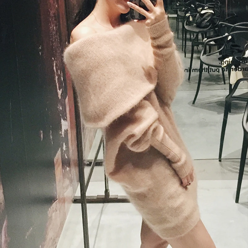 

2019 Free Shipping Women Thickness Mink Collar Shirt Sleeve Head Strapless Collar Sweater Mink Cashmere Sweater Bag Hip Z392