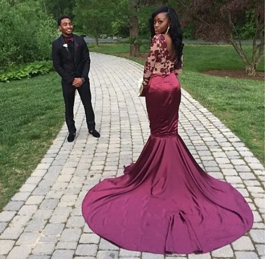 Sexy Burgundy Long Sleeve 2016 Prom Dresses Appliques Mermaid With Train