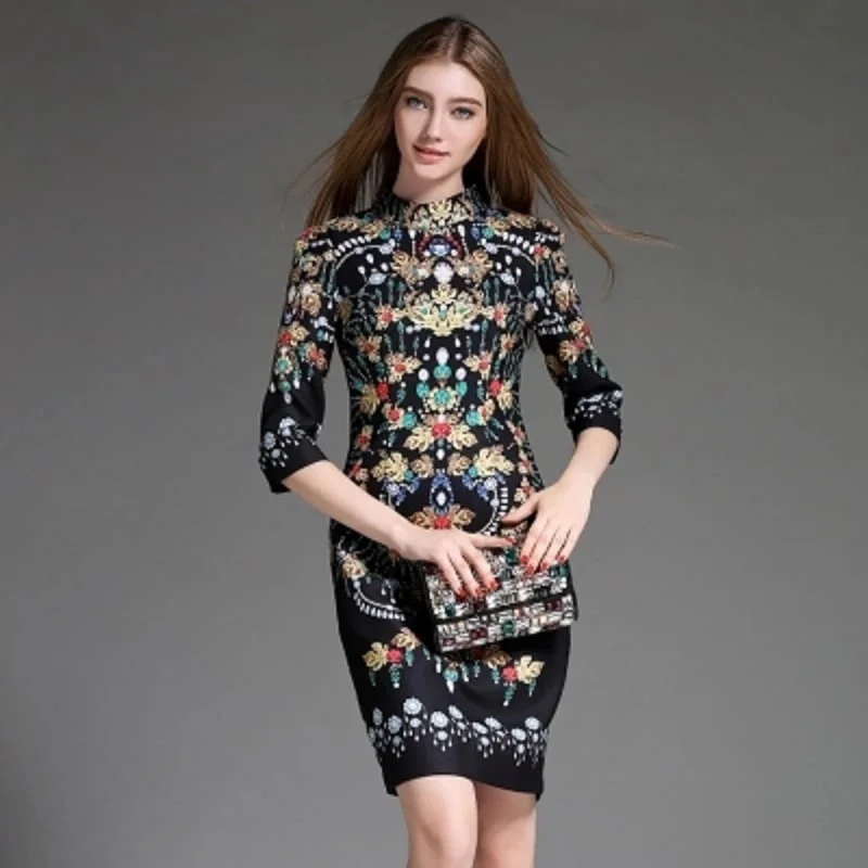 

2019 Women's New European Bohemian Vintage Printed Sheath Three Quarter Sleeved Mandarin Collar Autumn&Spring HIGH QUALITY Dress