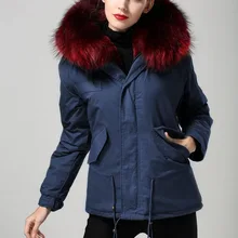 Короткая темно-синяя парка с бордовой подкладкой из искусственного меха для женщин одежда куртки оптом