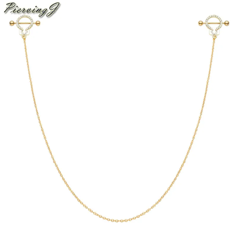 

PiercingJ 1pc Belly Piercing 14G Stainless Steel Handcuff CZ Crystal Shield Nipple Ring Dangle Chain Barbell Piercing Gold