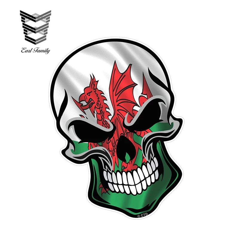 

EARLFAMILY 12cm X 8.3cm GOTHIC BIKER SKULL with Welsh Dragon Wales Cymru Flag Motif External Vinyl Decal Car Styling Car Sticker