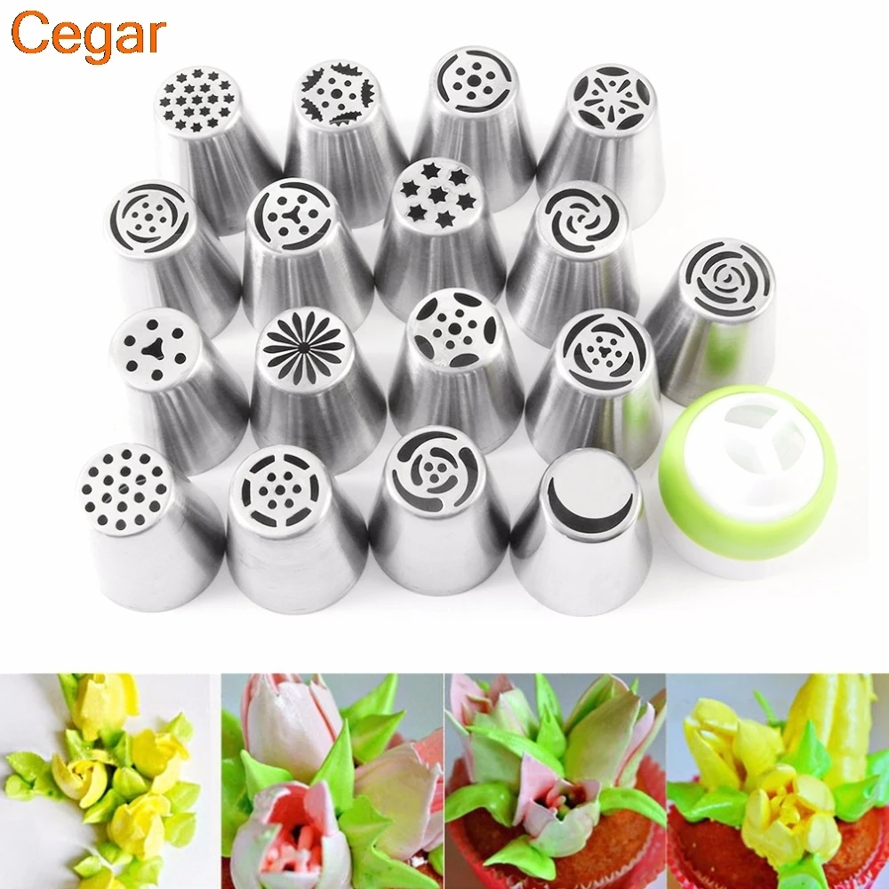 Cegar 17Pcs Russian Tulip stainless steel Nozzles birthday Cake Cupcake Decorating Icing Piping