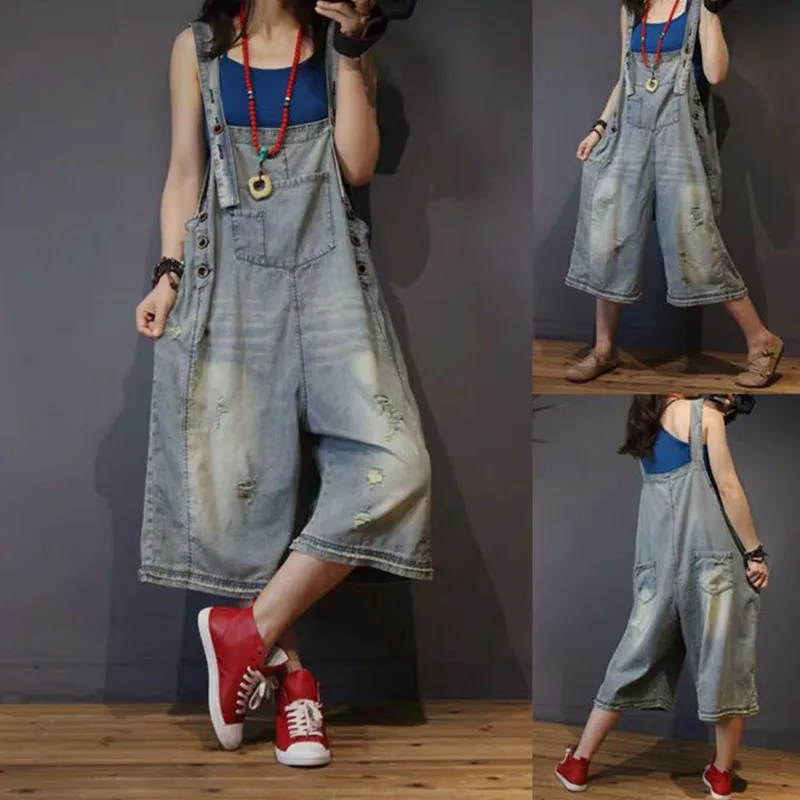 

2019 Casual Loose Ladies Summer Loose Oversized Denim Jumpsuit Retro Hole Casual Loose Large Size Wide Leg Pants Hip Hop Pants