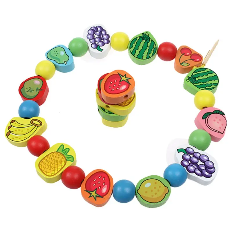 2017 New Intelligence Learning Educational toy 26 Pieces Colorful Wooden Animal Fruit Block stringing beaded Toys