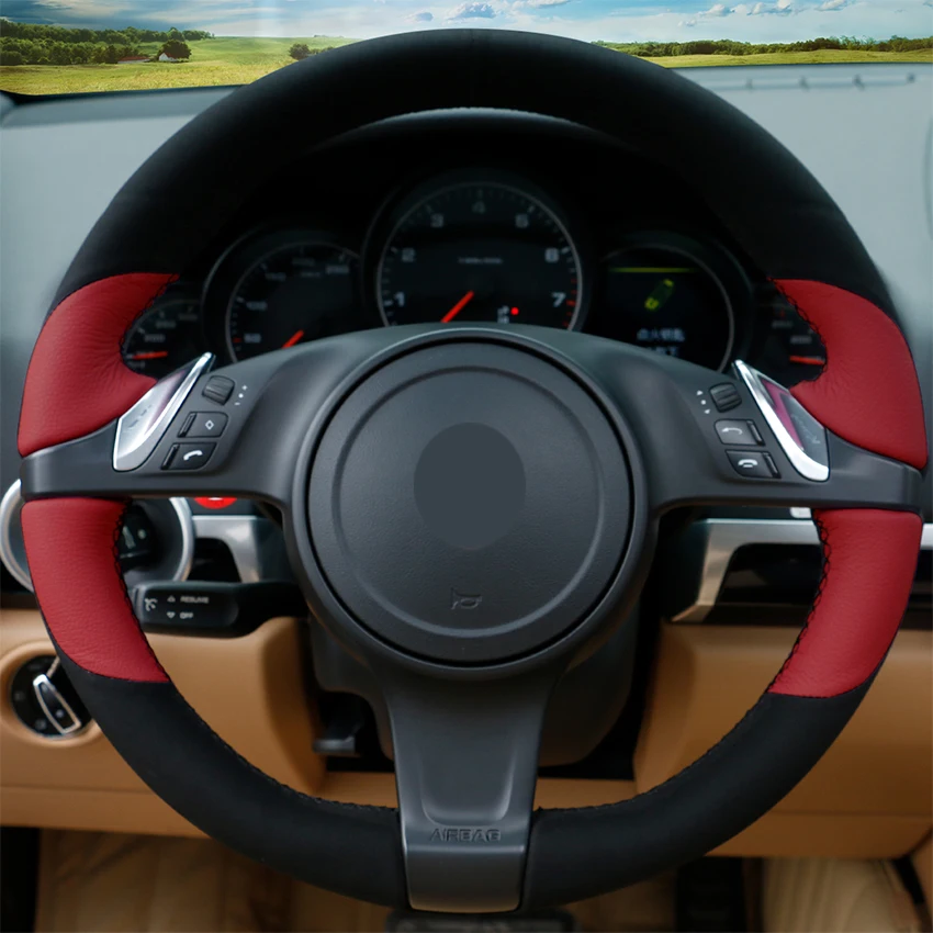 Hand-stitched Black Blue Leather Anti-slip Car Steering Wheel Cover for Porsche Cayenne Panamera 2010 2011