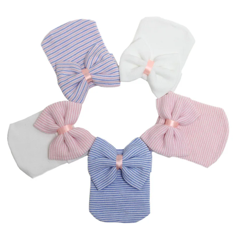 

1PC 0-3M Newborn baby hat Toddler Baby Warm Hat Striped Caps Soft Hospital Girls Hats big Bow Beanies for Newborn Send Earring