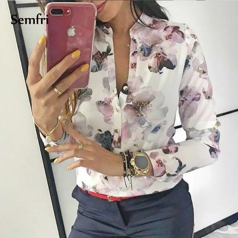 

Semfri Floral Print Shirt Women Autumn Spring Sexy Vintage Long Sleeve Slim Button Shirt Blouse 2019 Women Basic Top Streetwear
