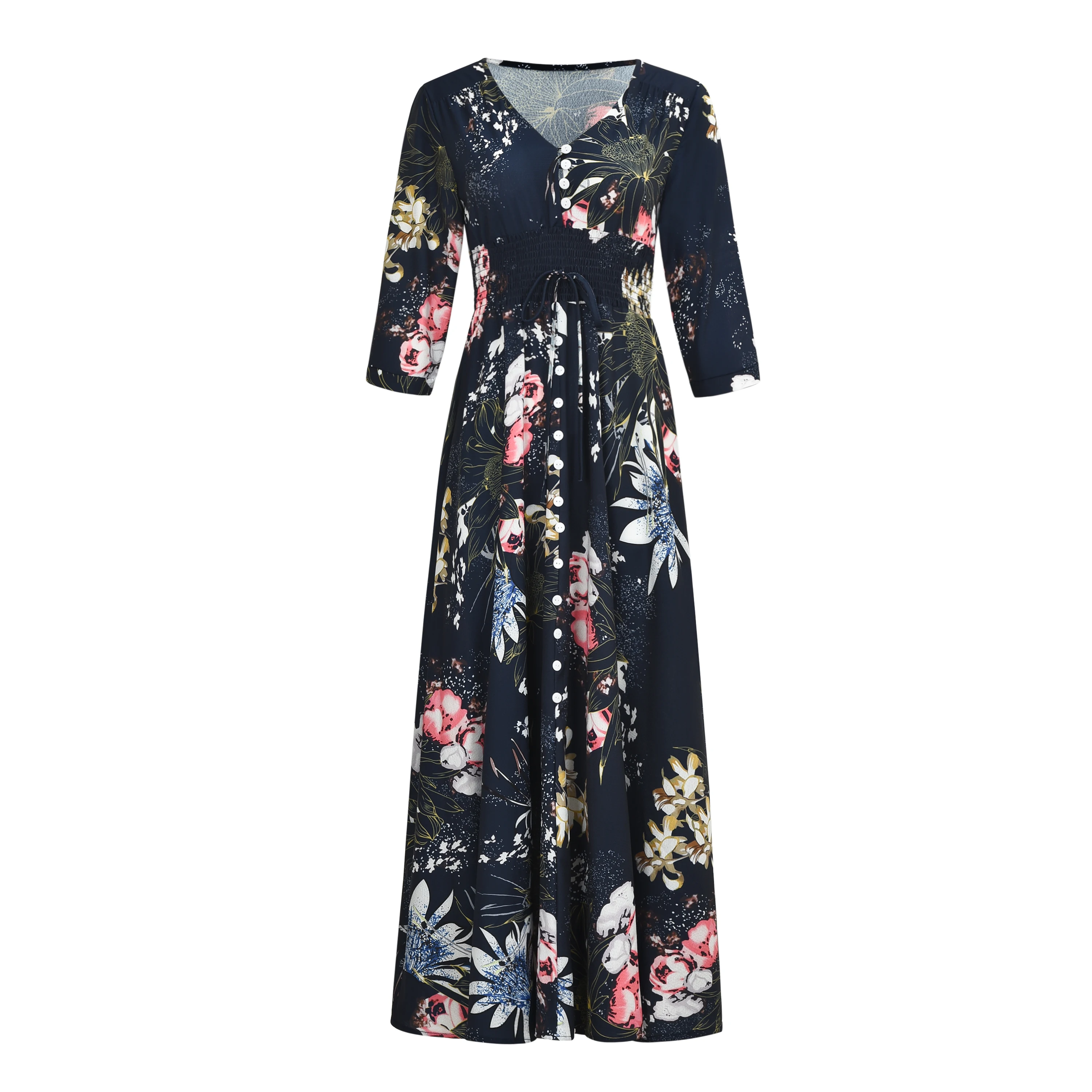 

VZFF Button Front Allover Print V Neck Dress Women 2019 Posh Bohemian Spring Autumn A Line Large Swing Chiffon Maxi Dress