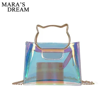 

Mara's Dream 2018 Hologram Women Transparent Bag Clear Beach Handbag PVC Cat Metal Top-Handle Female Shoulder Crossbody Bag