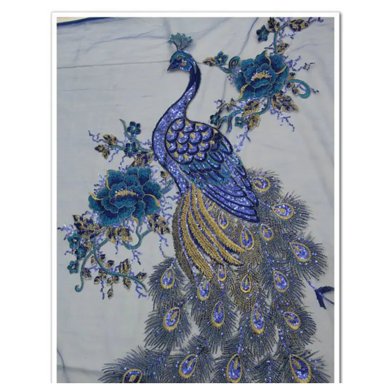 

blue sequin paillette peacock lace fabric embroidery net placements fabric 50cm*135cm