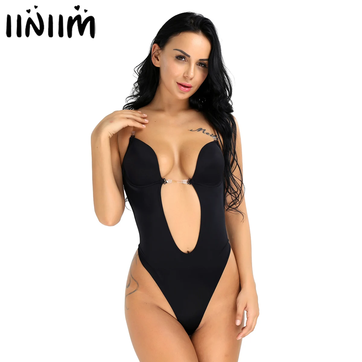 

iiniim Womens Bodycon Underwire Padded Push Up Bra Top Plunging Clear Straps Backless Thong Shapewear Bodystocking Bodysuit
