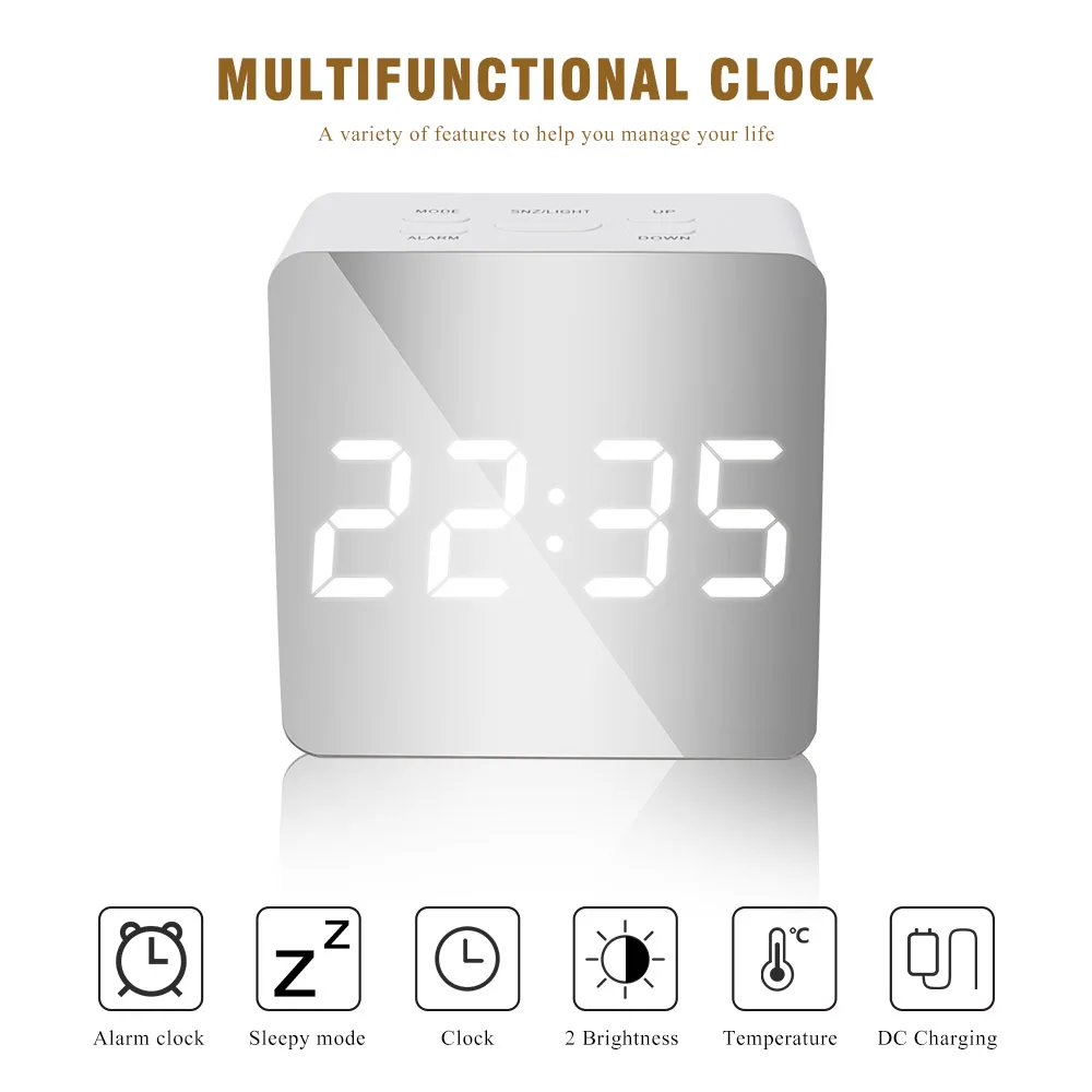 

Hot LED Mirror Alarm Clock LED Digital Snooze Clock Temperature 12H 24H Display Desk Table Clock Watch for Home Office