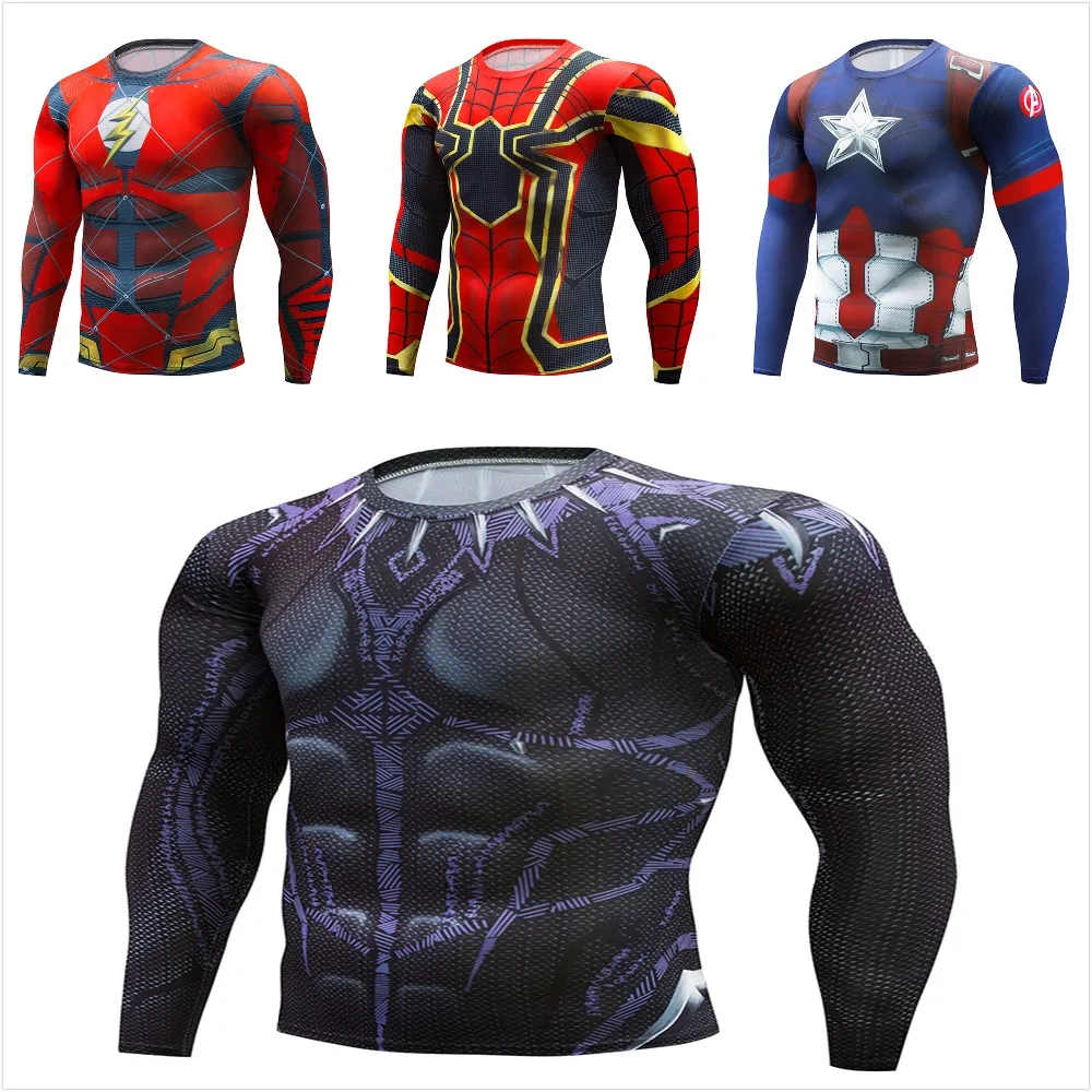 

Marvel Comics Avengers Spiderman Black Panther 3D Long Sleeve T Shirt Men Fitness Clothing Captain America Compression Shirt MMA