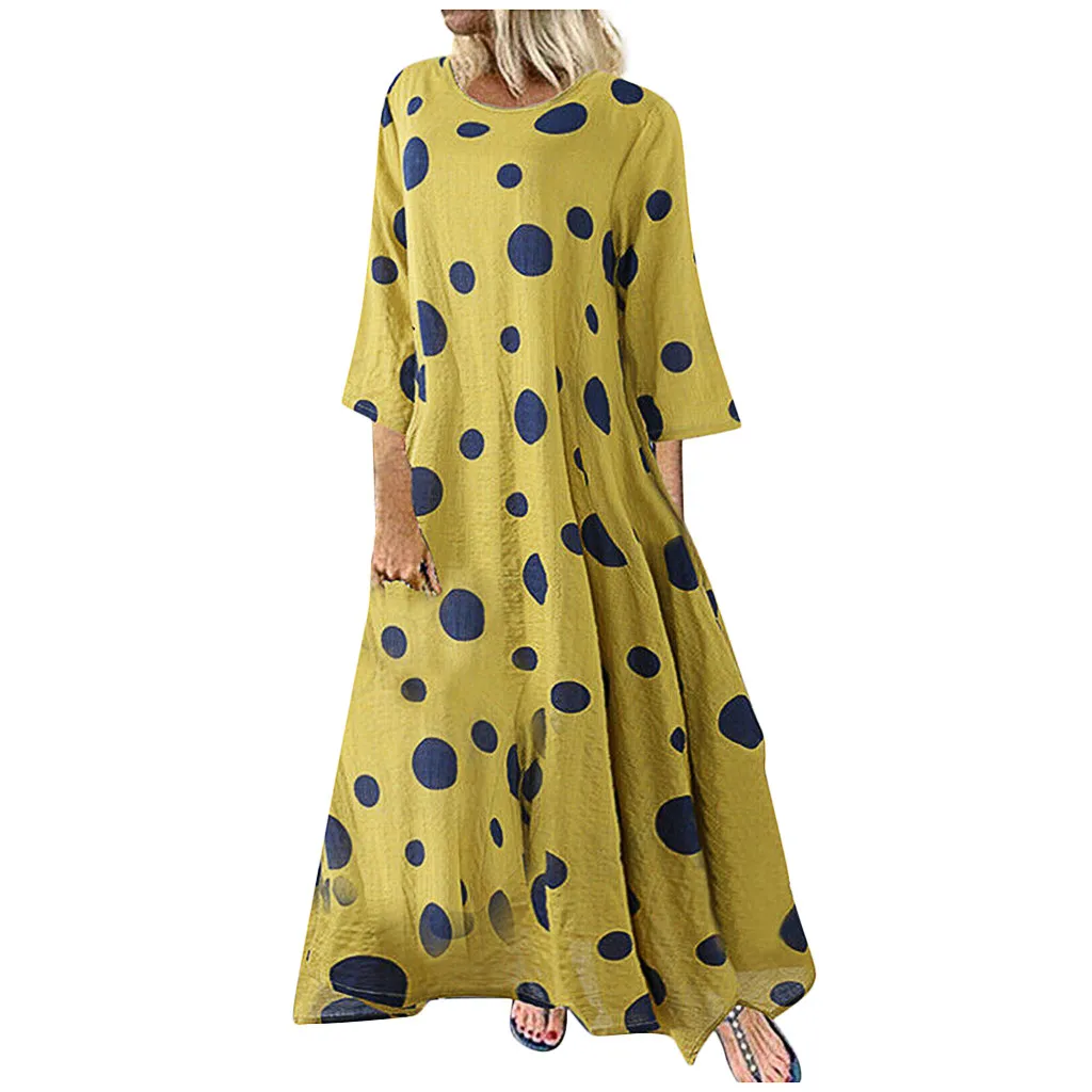 

feitong Fashion Women Plus Size Casual O-Neck Long Sleeve Dots Loose Swing Dress robe soiree femmerobe ceremonie femme sukienka