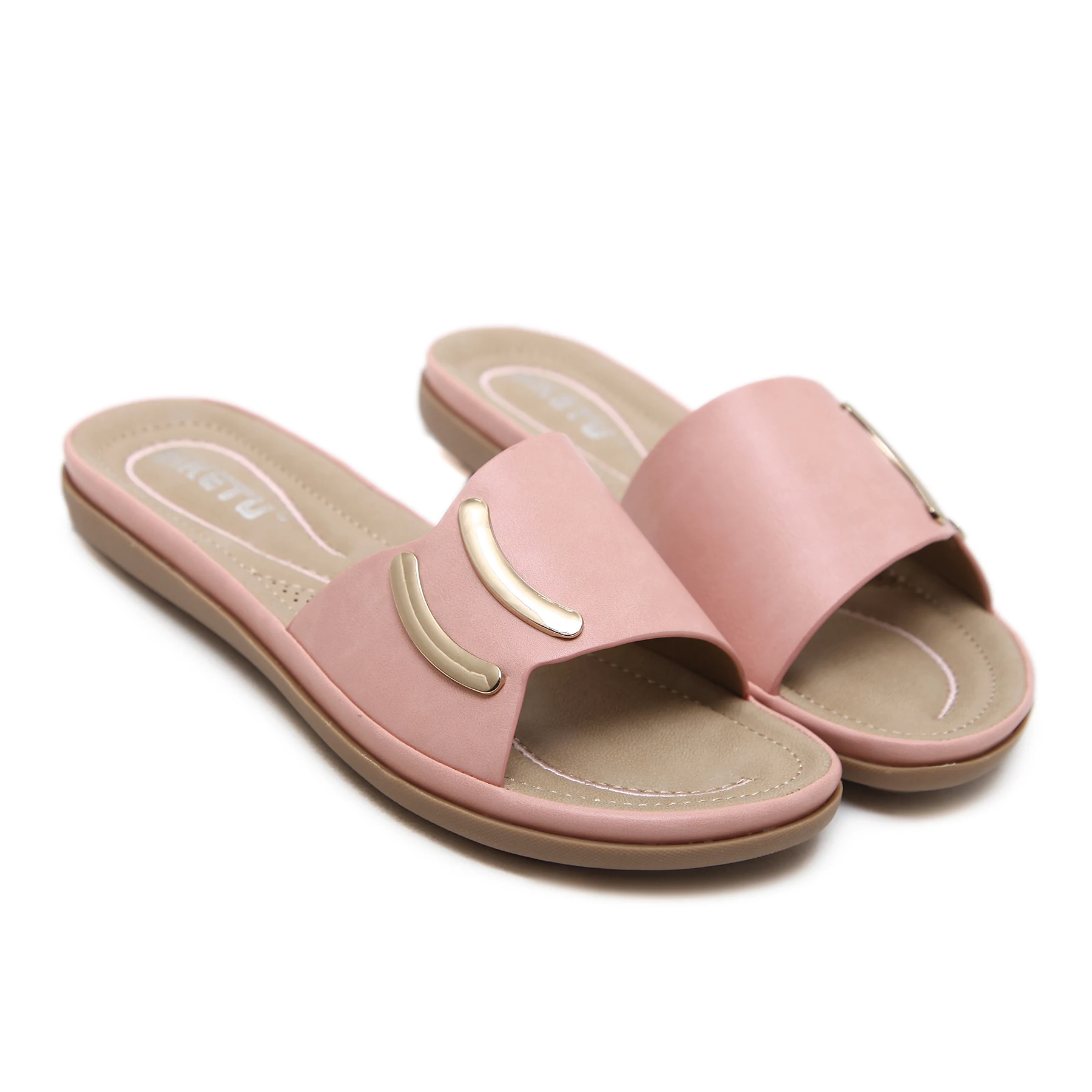 

YCXFLYER 2019 Summer Women Slippers Leisure Comfy Metal Button Slippers Large Size Beach Shoes Sandal Slippers Free Shipping
