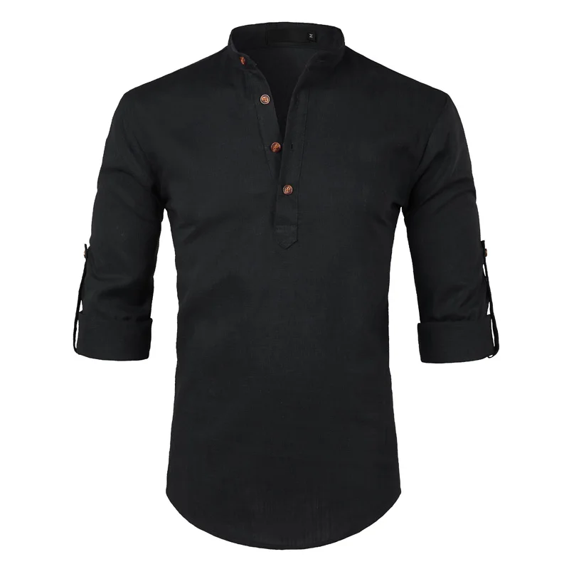 Мужская повседневная хлопковая льняная рубашка Хенли, новинка, брендовая рубашка с закатанными рукавами, мужская приталенная рубашка с длинным рукавом Camisa Masculina, бежевая - Цвет: Black
