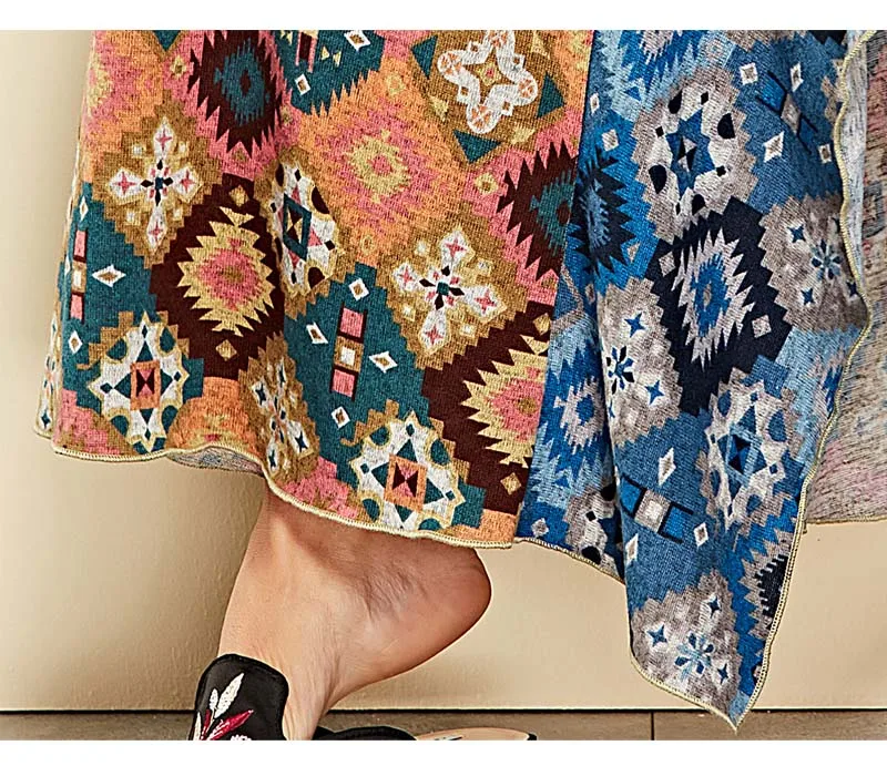 Осенне-зимняя длинная Асимметричная юбка в стиле пэчворк с геометрическим цветочным принтом, завышенная талия, нестандартная большая плиссированная длинная юбка в винтажном стиле