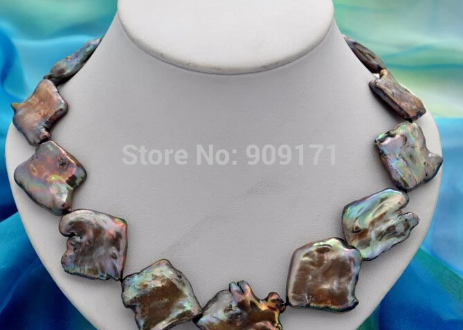 

Free Shipping>>Rare 18"30mm baroque black keshi reborn pearl necklace