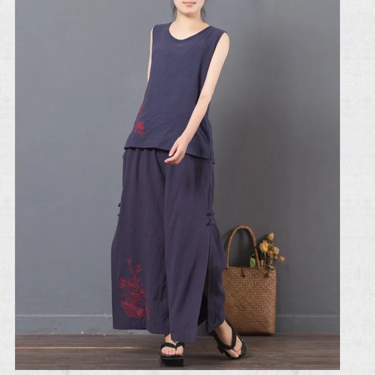 LZJN 2019 New Summer Women Sets Loose Tops and Pants Two Piece Suit Sets Women Casual Cotton Linen Tank Tops and Pants Set  (18)