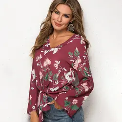 Новые женские блузки с цветочным принтом с длинным рукавом с v-образным вырезом свободные высокое качество Лидер продаж Женская блузка