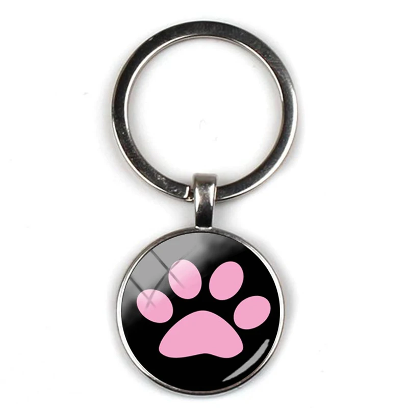 

Fashion cute animal paw print keychain cat dog I love pet text glass pendant keyring men girl accessories favorite gift souvenir