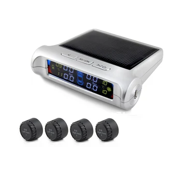 

Silver Car Tire Pressure Monitoring System LCD Display Solar Power USB TPMS 4 External Sensor Portable with Live Voice Broadcast