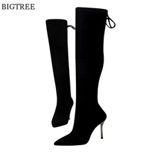 Зимние эластичные черные теплые сапоги выше колена из флока женские сапоги с острым носком на шнуровке Модные женские высокие сапоги на тонком каблуке