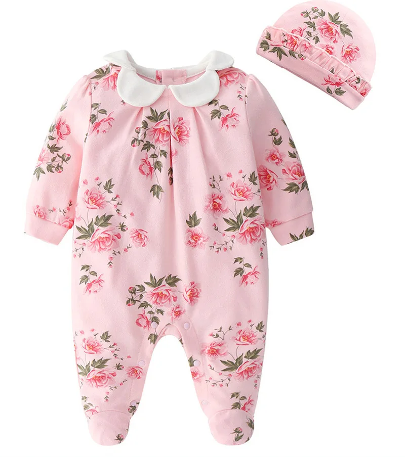 CLEARANCE Newborn Girl Cotton Footies 1piece Overall with Cap Baby Girls Floral Footies Infant Girls Spring Clothes Born 3m