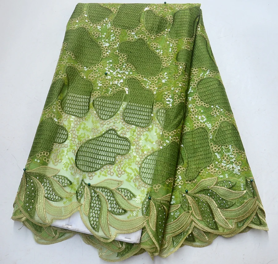 

High Quality Nigerian Green color Sequins Lace Fabric embroidered African French Net Lace Fabric With beads For Dress
