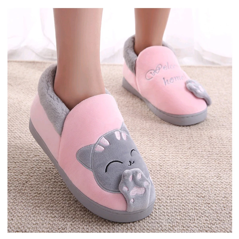 

Women Winter Autumn Warm Fur Home Slippers Thick Bottom Full Package Cartoon Lucky Cat Indoor Bedroom Couple Flat Floor Shoes