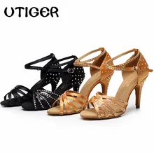 Черная бронзовая атласная танцевальная обувь для латинских танцев женские Стразы танцевальная обувь 6 см 7 см 8 см 10 см вечерние танцевальные туфли для сальсы для девушек WD292