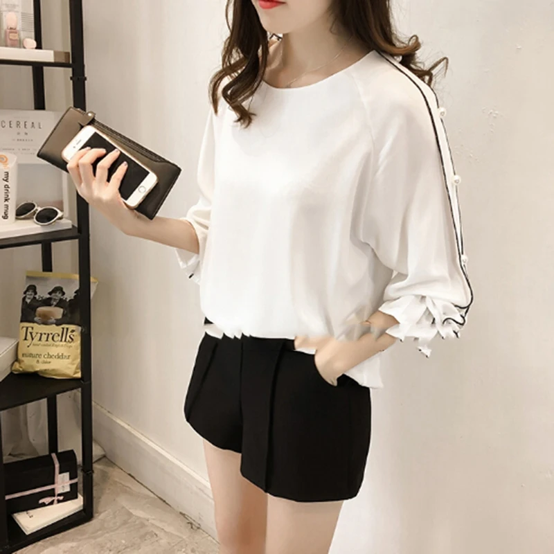 

1pc New Plus Size Chiffon Shirt Female Blouses Beaded Tops Autumn long-sleeved Solid Color Women Blouse Women Clothing